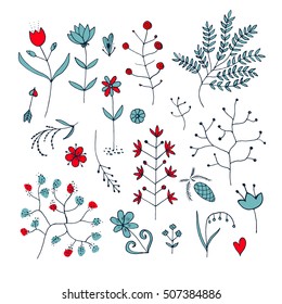 Hand Drawn vintage floral elements. Vector. Isolated.The set of hand-drawn vector decorative elements for your design. Leaves, branches, floral elements. Wedding, birthday, Valentine's day. 