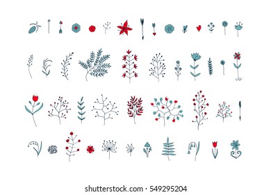 Hand Drawn vintage floral elements. Vector. Isolated.The set of hand-drawn vector decorative elements for your design. Leaves, branches, floral elements. Wedding, birthday, Valentine's day.