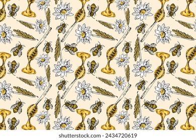 Hand drawn vintage floral and honey pattern. Vector illustration can used for textile, wrapping, decoration. 