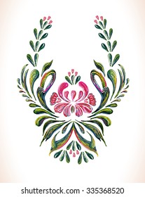 Hand drawn vintage floral ornament. Illustration in folk style. Beautiful vector border with flowers in vintage style. Vector floral background.