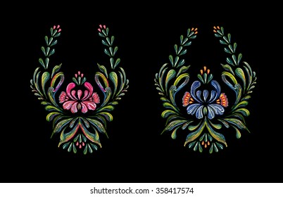 Hand drawn vintage floral ornament on black background. Illustration in folk style. Beautiful vector pink, blue flowers in vintage style. 