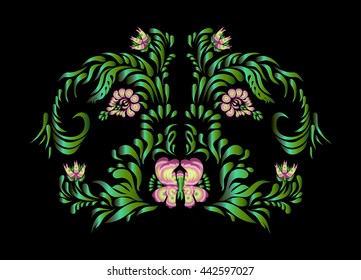Hand drawn vintage floral ornament on a black background.
