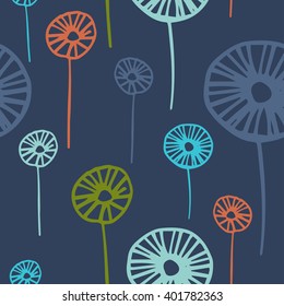 Hand drawn vintage floral pattern with dandelions. Seamless vector texture for web, print, wallpaper, spring summer fashion, wedding invitation card background, fabric, textile, gift paper