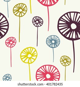 Hand drawn vintage floral pattern with dandelions. Seamless vector texture for web, print, wallpaper, spring summer fashion, wedding invitation card background, fabric, textile, gift paper