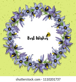 Hand drawn vintage floral round frame. With yellow grunge background.