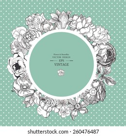 hand drawn vintage floral round background with place for text