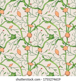 Hand drawn vintage floral seamless pattern. Victorian/mediaval ornament with berry and leaves.