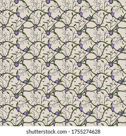 Hand drawn vintage floral seamless pattern. Victorian/mediaval ornament with flowers and leaves on old paper.