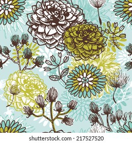 Hand drawn vintage floral  seamless pattern.  All objects are conveniently grouped and are easily editable.