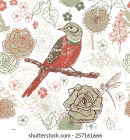 Hand drawn vintage floral seamless pattern with bird . All objects are conveniently grouped  and are easily editable.