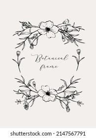 Hand Drawn Vintage Floral Wreath With Botanical Elements, Flowers Blossom, Plants And Leaves. Floral Victorian Circle Branch For Invitation, Greeting, Logo, Card, Craft.