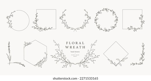 Hand drawn vintage floral wreaths, frames, corners with flowers, branches and leaves. Trendy greenery elements in line art style. Vector for label, corporate identity, wedding invitation, card