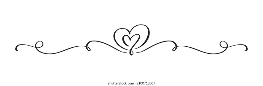 Hand Drawn Vintage Flourish Vector divider. Valentines Day Black Calligraphic Heart. Calligraphy Holiday illustration. Design valentine element. Icon love decor for web, wedding.