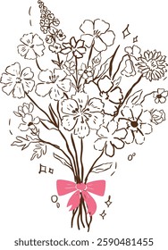 hand drawn Vintage flower bouquet, coquette clipart, cute, y2k, botanical aesthetic, bows clipart, crafts Bows Coquette, Pink Ribbon Clipart Gift botanical clipart Fashion drawing Decoration valentine