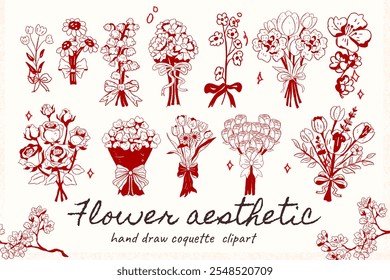 hand drawn Vintage flowers, coquette clipart, cute, y2k, coquette aesthetic, bows clipart, crafts Bows Coquette, Pink Ribbon Clipart Gift bow Decoration valentine, nostalgia, flower bouquet, drawing