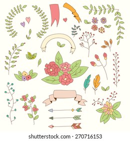 Hand drawn vintage flowers and floral elements for weddings, Valentines day, birthdays and holidays, vector illustration