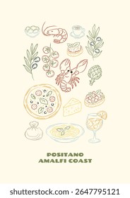Cartaz de comida vintage desenhado à mão com elementos da cozinha italiana: pizza, massas, frutos do mar, queijo, azeitonas, tomates, bebidas. Ilustração vetorial para cozinha, decoração de parede do restaurante.
