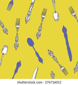 Hand Drawn Vintage Fork, Spoon And Knife Seamless Pattern