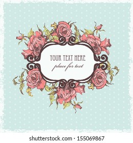 Hand drawn vintage frame with roses.  All elements - frame, polka dot background, roses,  are located on separate layers and can be used together or separately.
