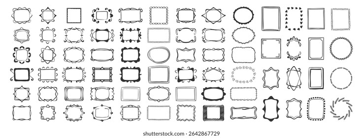 Hand drawn vintage frame set, doodle, wavy, squiggly minimalist borders for wedding invitations, birthday cards, social media templates. Vector illustration
