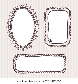 Hand drawn vintage frames over brown stripes background.
