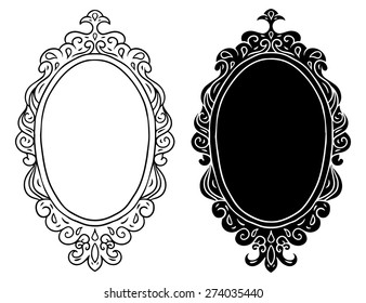 Hand drawn vintage frames set with floral pattern, line art, black silhouette closeup isolated on white background. Design element, space for text, clipart