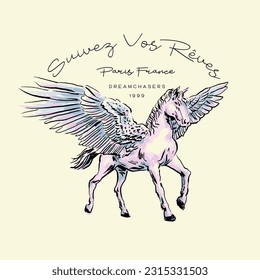 HAND DRAWN VINTAGE FRENCH PEGASUS FLYING HORSE ANIMAL WILDLIFE WINGS PASTEL PAINTED DISTRESSED GRUNGE BRUSH STROKE RETRO CUTE PRETTY TSHIRT TEE PRINT FOR APPAREL MERCHANDISE