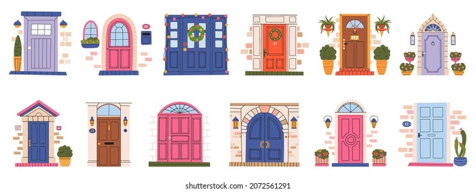 Hand drawn vintage front wooden doors, house or apartment entrances. House front doors, retro wooden home entrance vector illustration set. Exterior entrance closed doors. Front house building door