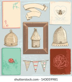 Hand Drawn Vintage Garden Elements Vector Set. Color fills are grouped separately from outlines for easy editing.