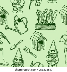 Hand drawn vintage garden seamless pattern. Bird house, garden gnome, rain boots, watering can, garden tools, tulips, snowdrop flowers. Green background.