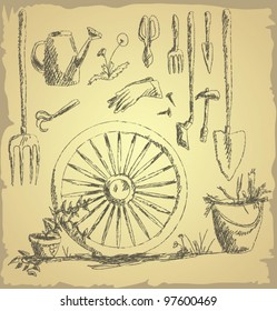 Hand drawn vintage garden tools