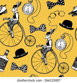 Hand drawn vintage gentleman pattern. Rabbit on the retro bicycle, bowler hat, pocket watch, bow tie, pince-nez, spats boots, whiskey bottle. 