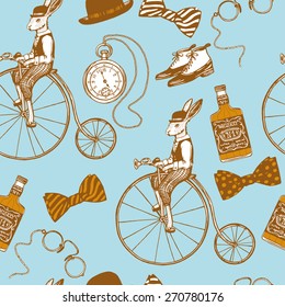 Hand drawn vintage gentleman pattern. Rabbit on the retro bicycle, bowler hat, pocket watch, bow tie, pince-nez, spats boots, whiskey bottle.