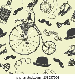 Hand drawn vintage gentleman seamless pattern. Rabbit on the retro bicycle, bowler hat, pocket watch, bow tie, eyeglasses, spats boots, moustache, whiskey bottle