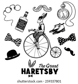 Hand drawn vintage gentleman set. Rabbit on the retro bicycle, bowler hat, pocket watch, bow tie, pince-nez, spats boots, moustache, whiskey bottle. White background.