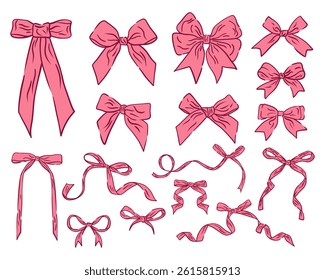 Hand drawn vintage girly bows. Aesthetic elegant girly pink decor. Set coquette pink bow. Trendy element for Valentine day and wedding invitations, christmas cards, poster.
