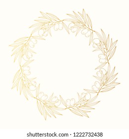 Hand drawn vintage golden olive branch wreath. Greek gold round frame for oil label. Vector isolated illustration.