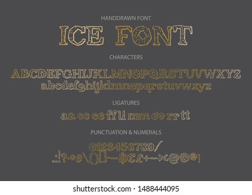 Hand drawn vintage golden vector alphabet ABC font with letters, numbers, symbols. For calligraphy, lettering, hand made quotes. Ice font with textured letters.