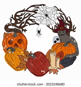 Hand drawn vintage greeting card for Halloween, an invitation with a flower wreath of Jack, lantern, pumpkins, a cat, a witch's hat, candles, ghosts, spiders and cobwebs, oak leaves and branches. 