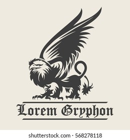 Hand drawn vintage Griffin, mythological magic winged beast. Design or Heraldry concept art. Isolated vector illustration