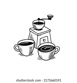 Handgezeichnete schwarze Kaffeemaschine. Sketch Stil Vektorkunst. Restaurant oder Café Poster.