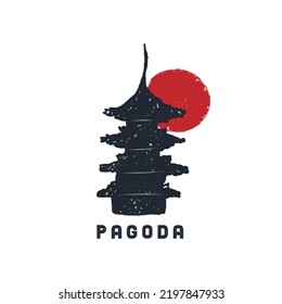 Hand drawn vintage grunge texture Japan Pagoda logo with red sun behind it. Pagoda drawing design concept for your business poster, banner, logo, t shirt design, travel and other.