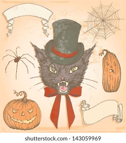 Hand Drawn Vintage Halloween Creepy Cat Vector Set. Color fills are grouped separately from outlines for easy editing.
