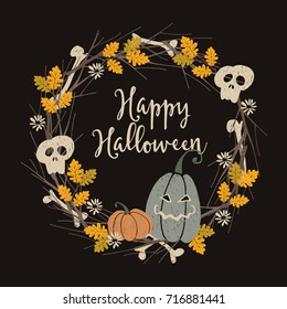 Hand drawn vintage Halloween party greeting card, invitation with floral wreath made of jack-o- lantern pumpkins, human skull, bones, oak leaves and branches. Artistic vector illustration background.