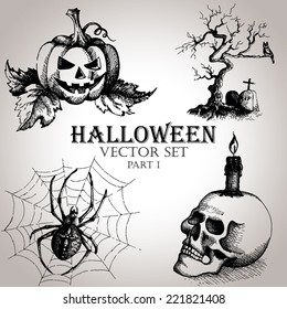 Hand drawn Vintage halloween set. Vector Set (kit)