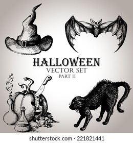 Hand drawn Vintage Halloween set. Vector Set (kit)