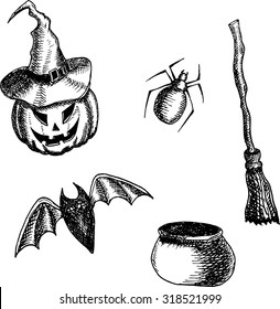 Hand drawn Vintage halloween set. 