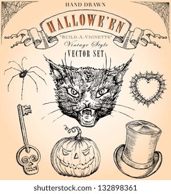 Hand Drawn Vintage Halloween Vector Set