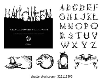 Hand Drawn Vintage Halloween Vector Set. Font with broken trees. 4 banners, card design. svg