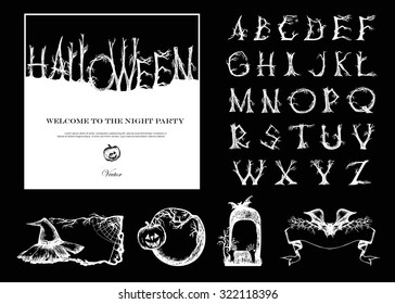 Hand Drawn Vintage Halloween Vector Set. Font With Broken Trees. 4 Banners, Card Design.